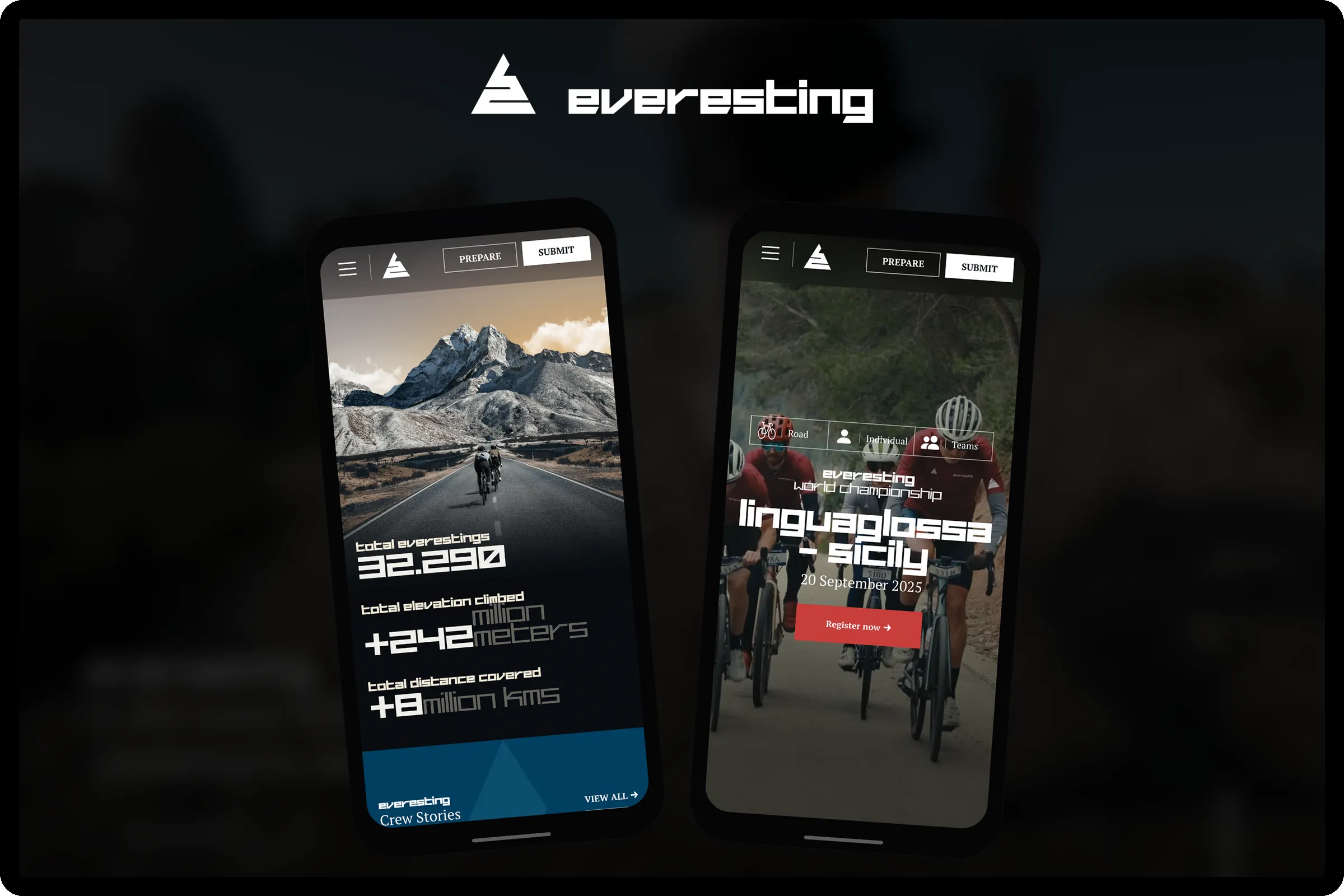 Logo de Everesting sobre dos pantallas móviles con las estadísticas globales de la marca y un próximo reto