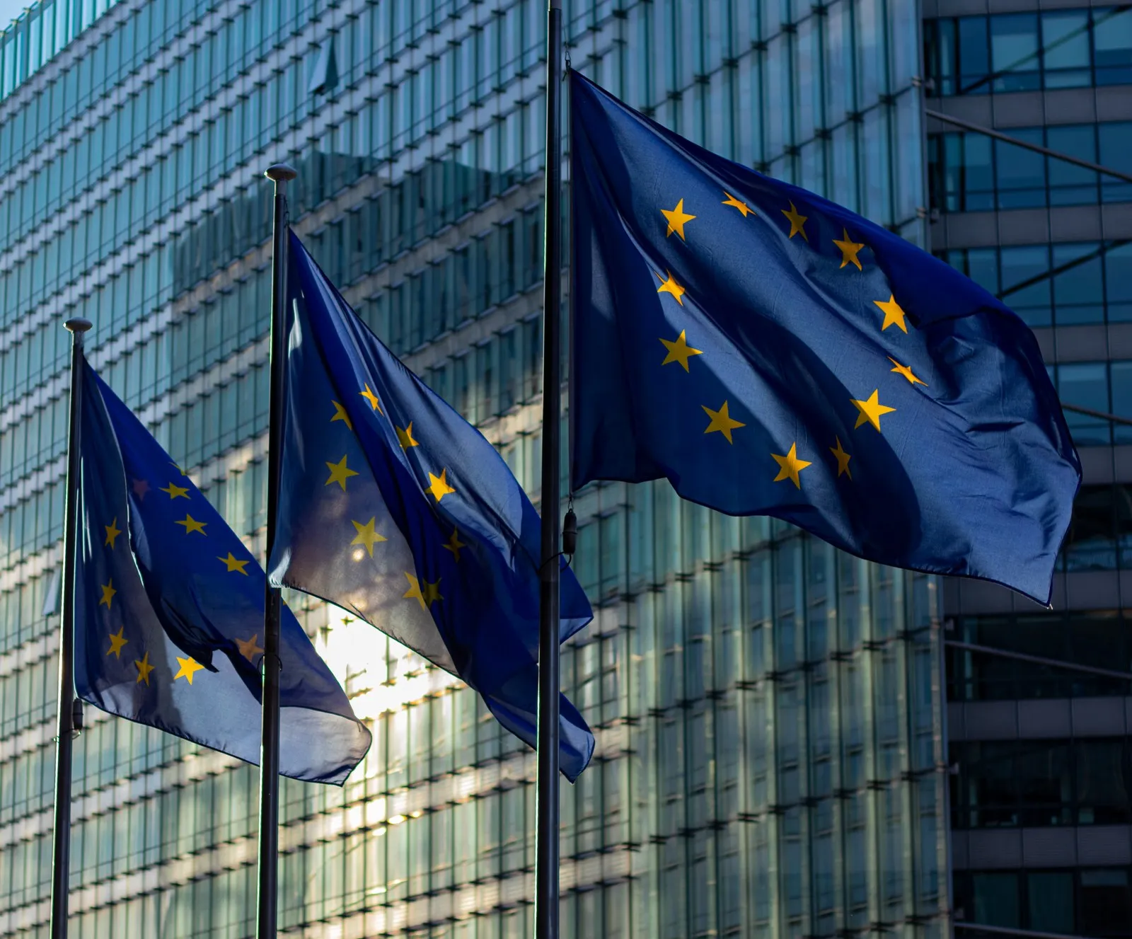 European Union flags waving in front of a glass office building