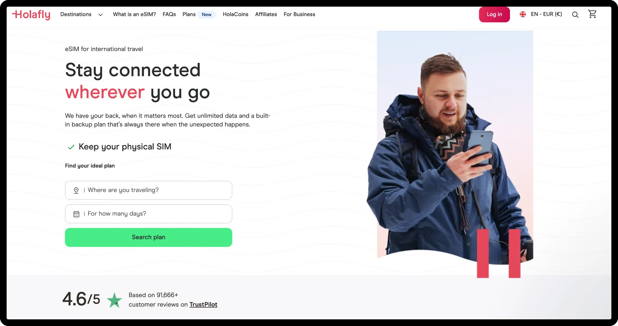 Holafly.com homepage reading "Stay connected wherever you go", eSIM plans for international travel