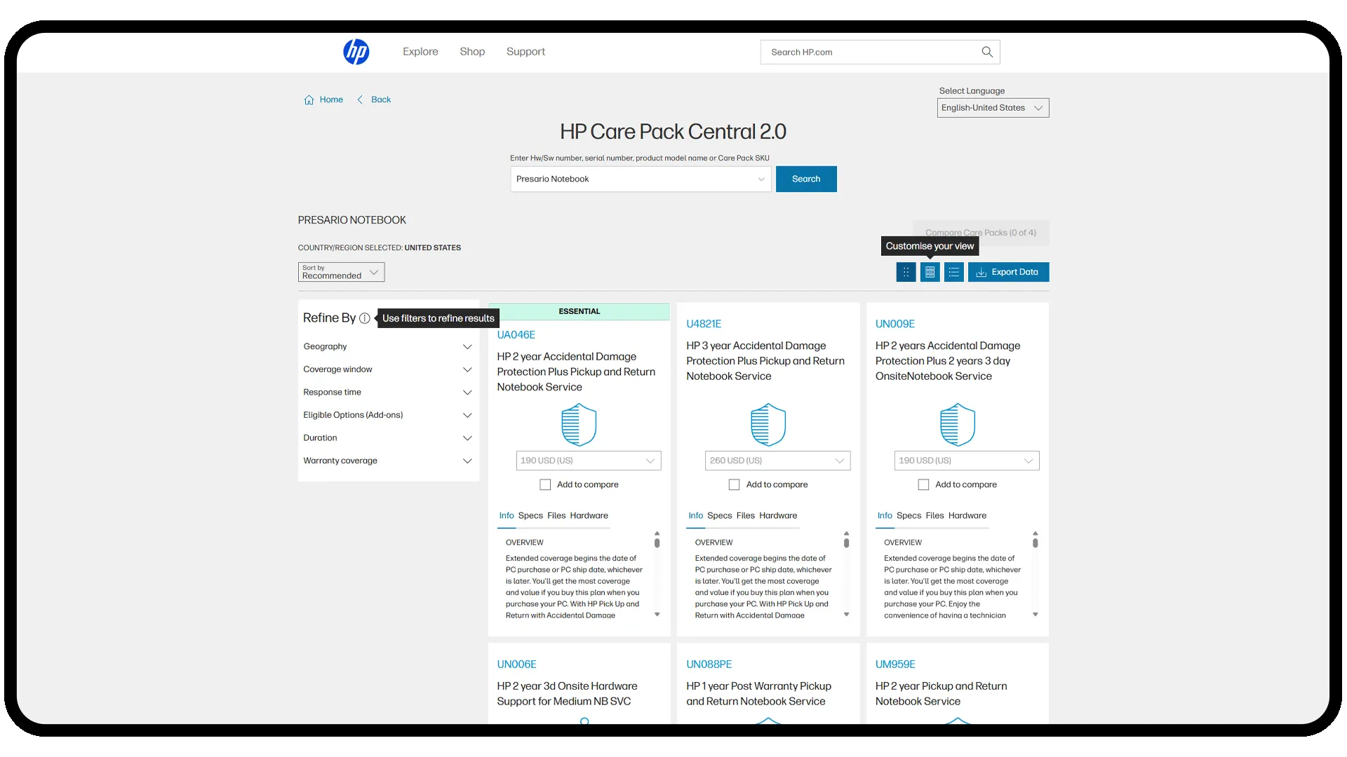 Resultados de búsqueda de HP Care Pack Central 2.0 con listado de care packs y opciones de filtrado