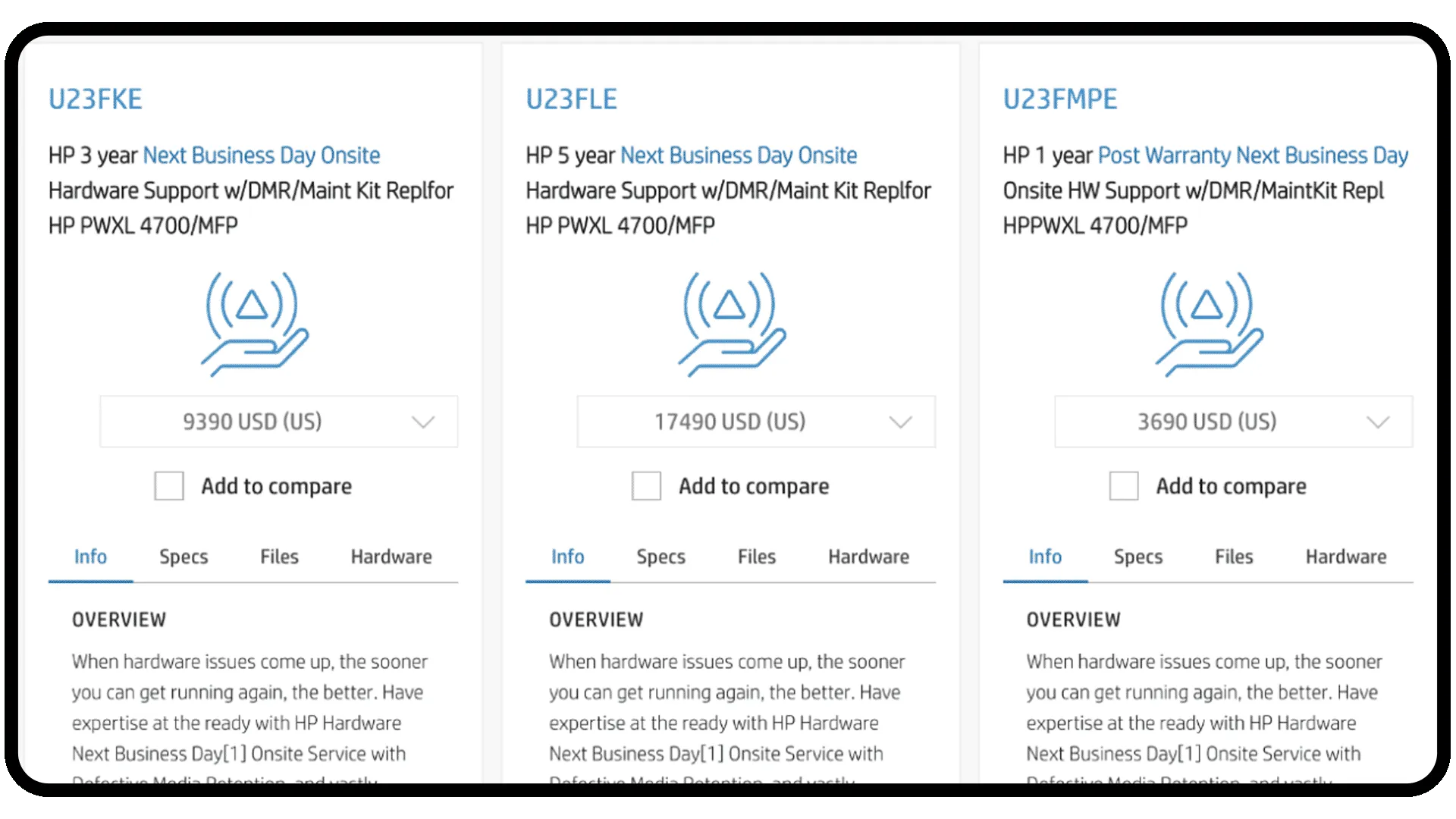 Tarjetas de detalle de producto en HP Care Pack Central 2.0 con opciones de soporte de hardware y precios