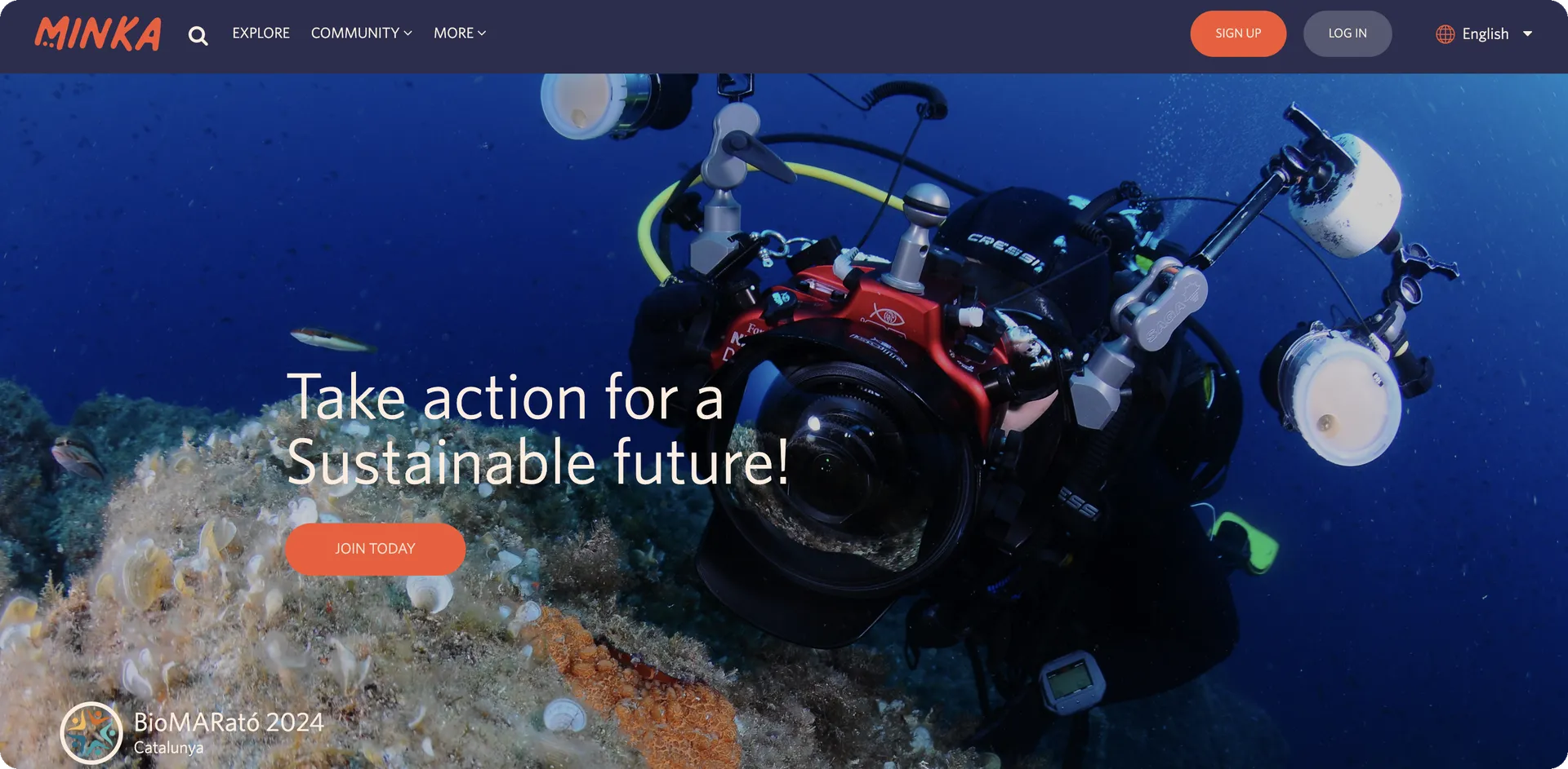 Minka's public homepage hero, showing a diver photographing marine life under the headline "Take action for a Sustainable future!"