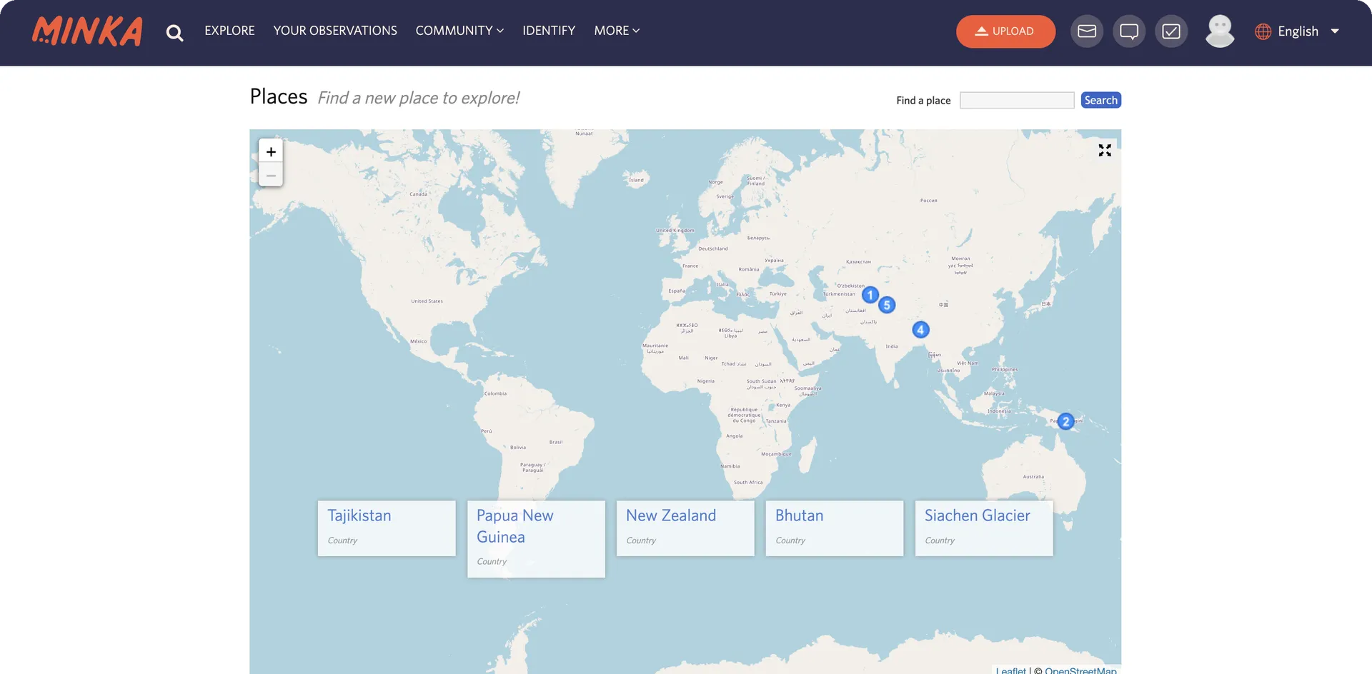 Minka's Places explorer, showing a world map built with Leaflet and OpenStreetMap