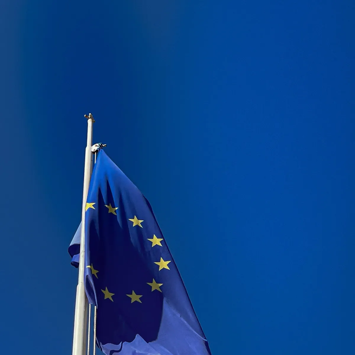 European Union flag waving against a blue sky
