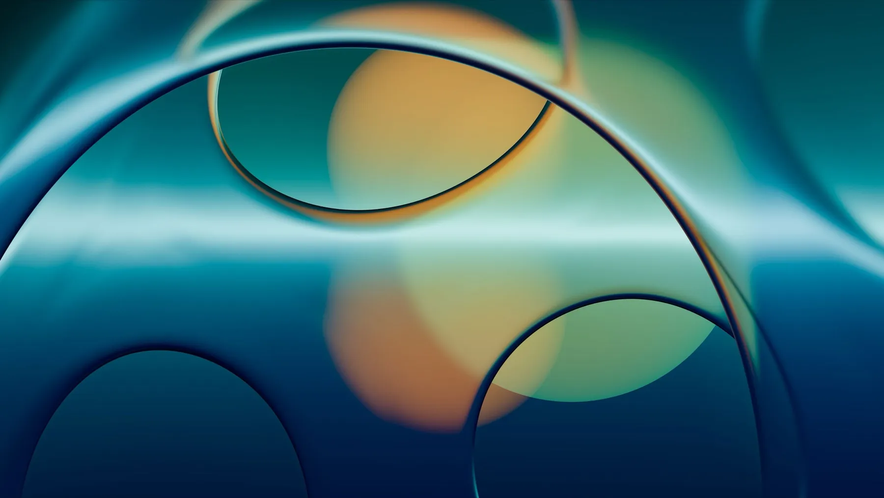 Abstract 3D render of glossy blue curves with warm orange light