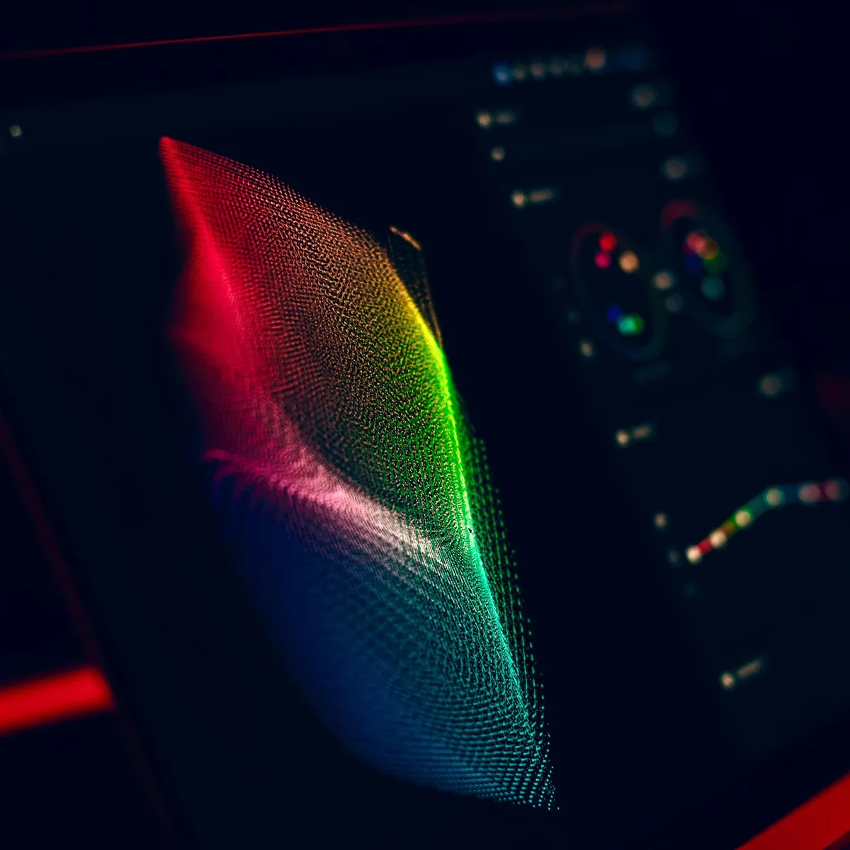 Close-up of a colorful 3D data point cloud rendered on a laptop screen