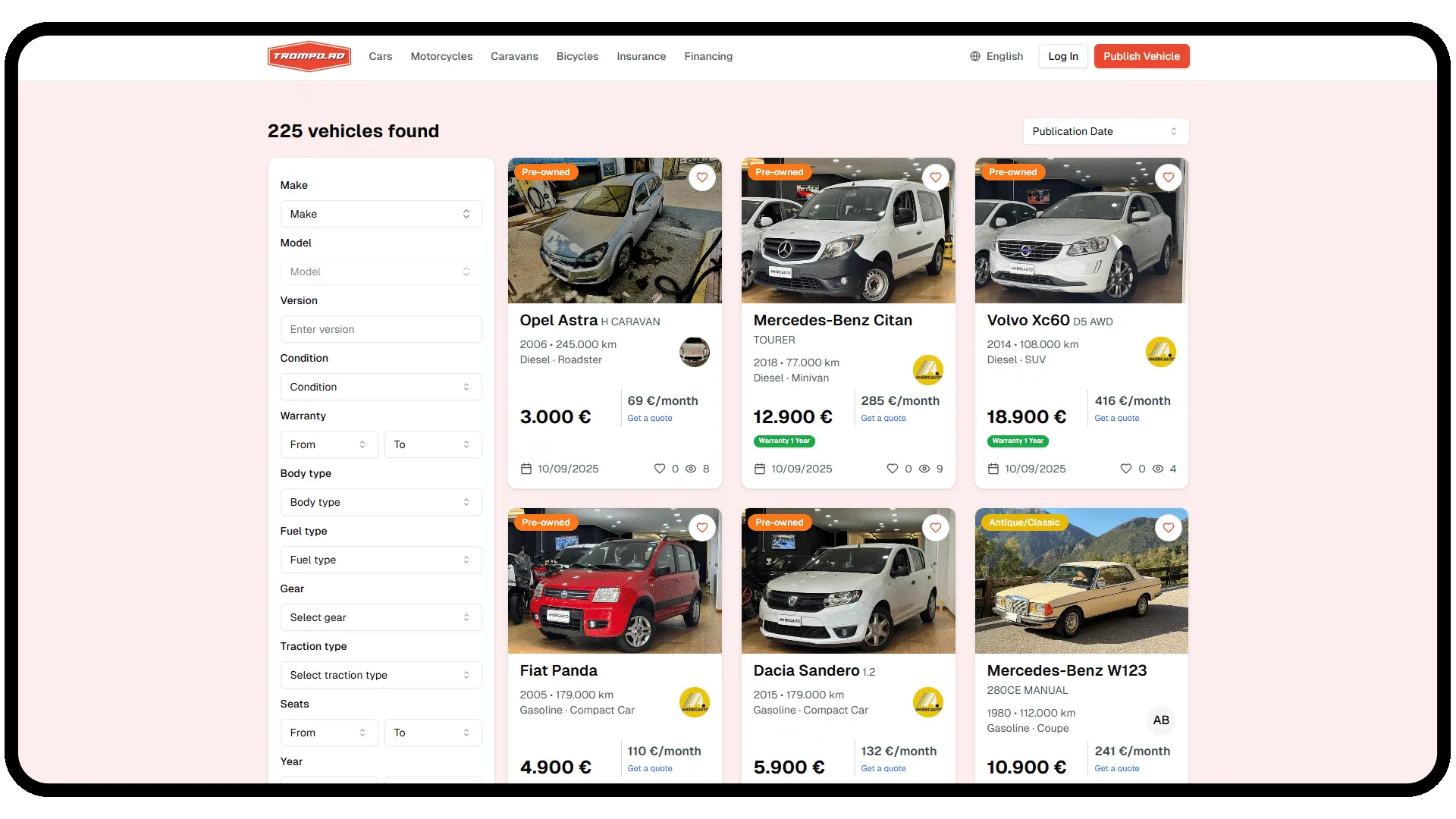 Página de anuncios del marketplace de vehículos de Trompo.ad — plataforma de marketplace por MarsBased