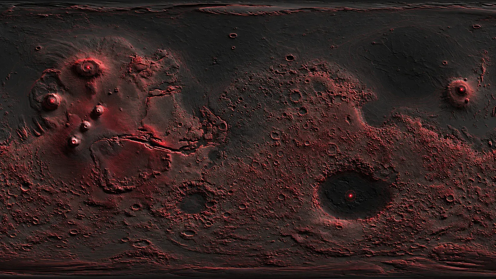 Topographic relief map of Mars, its craters and volcanoes glowing red against a dark surface