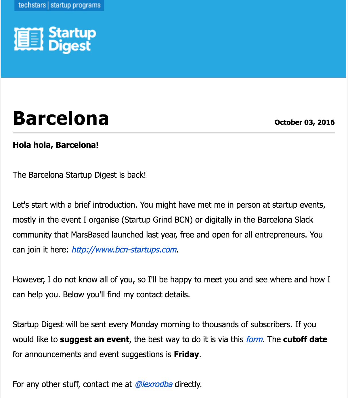 Startup Digest Barcelona first email